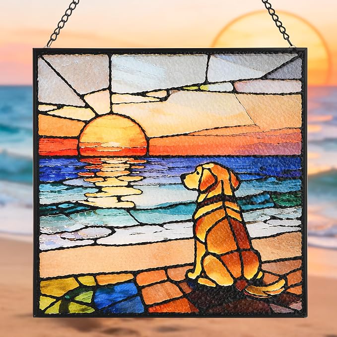 Stained Glass Window Hanging, 7.8 in Sun Catcher Glass Panel Boho Wall Art Decor with Chain Diamond Glass Panel Hangings Scenery Sun Catchers Decor for Birthday for Lover Couple Mom (Dog)