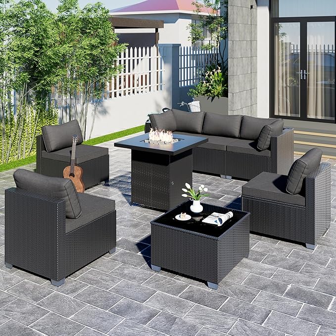 8-Piece Outdoor Patio Sectional Sofa Set with Fire Pit Table – PE Wicker Rattan Modular Conversation Furniture, Cushions & Clips Included – Patio Couch for Porch, Backyard, Poolside, Garden