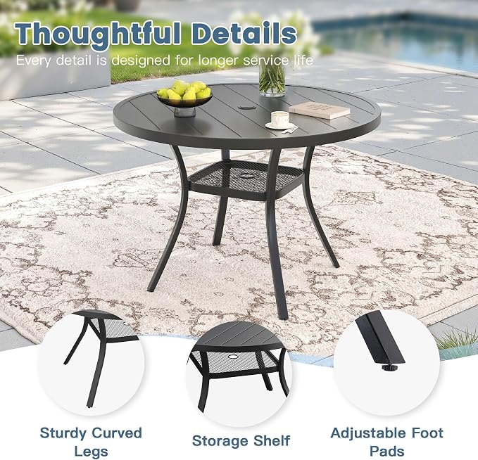 DIFY 5 Piece Outdoor Dining Set, Patio Table and Chairs Set for 4 with Umbrella Hole, 40.6" Black Round Dining Table & Stackable Wicker Patio Chairs, Metal Patio Furniture Set for Garden Backyard
