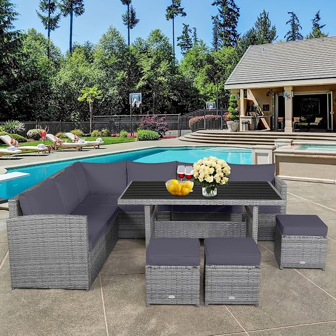 RELAX4LIFE 7 PCS Wicker Patio Furniture Set, Outdoor Rattan Sofa Set with Dining Table & Ottomans Soft Cushions for Backyard Garden Poolside Balcony, Sectional Conversation Couch Set (Gray)
