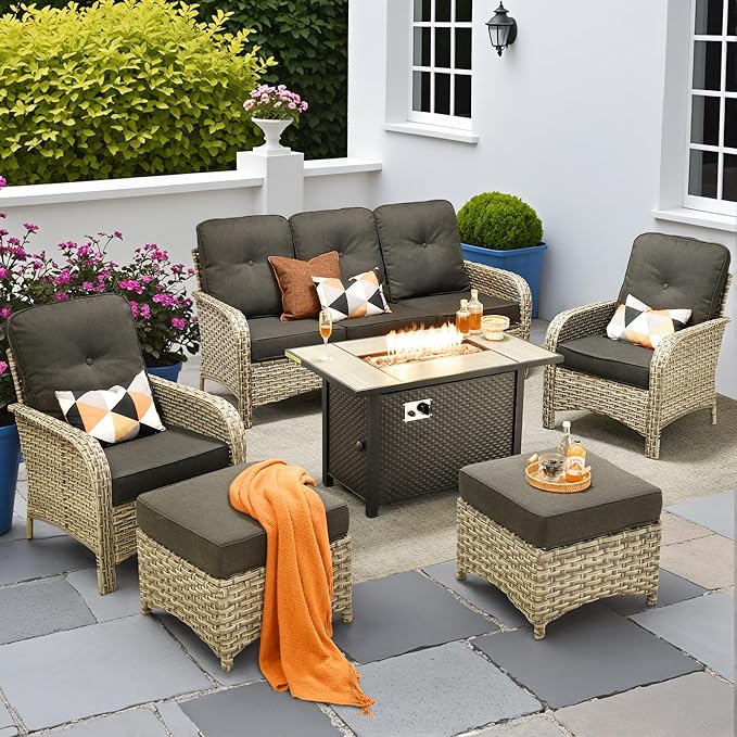 6-Piece Outdoor Patio Furniture Set with Fire Pit Table,All Weather Wicker Rattan Patio Seating Sofa and Chair Set with Ottomans,Outdoor Conversation Sets with 3 Seater Couch for Porch Deck Yard,Black