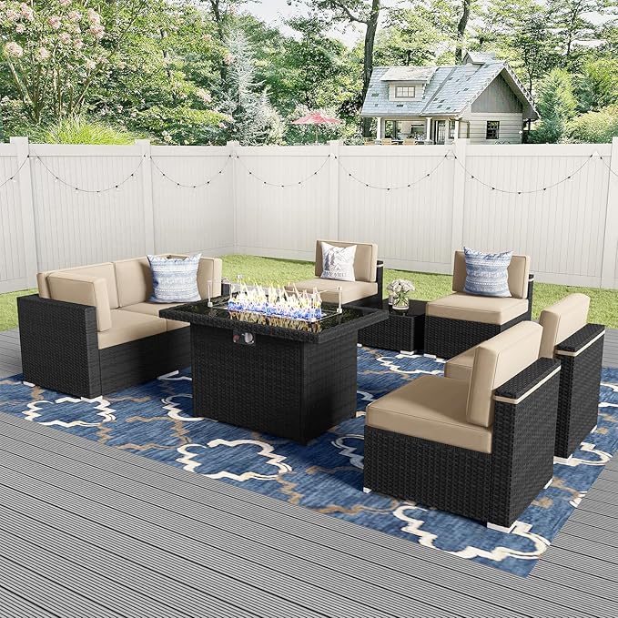 8 Pieces Patio Furniture Set with 44" Propane Gas Fire Pit Table, Outdoor Sectional Wicker Conversation Sofa Sets with Coffee Table