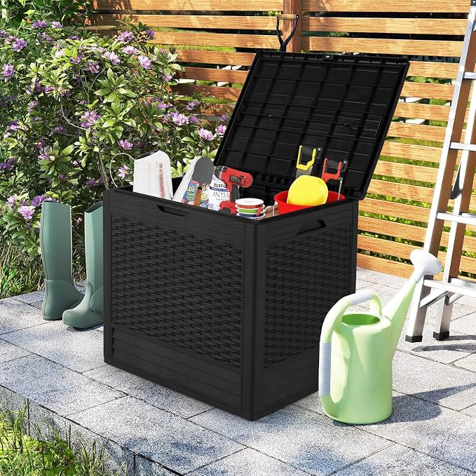 Giantex 25 Gallon Outdoor Storage Box, PP Deck Container with Rattan Patterns & Lockable Lid, All-Weather Patio Plastic Storage Bin for Package Delivery, Garden Tools, Patio Cushions (Black)