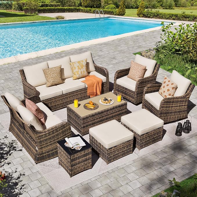 MEISSALIVVE Patio Furniture Set with Swivel Rocking Chairs, 8 Pieces Patio Conversation Set, Outdoor Wicker Sofa Couch with Waterproof Cushions for Lawn Backyard Porch (Brown)