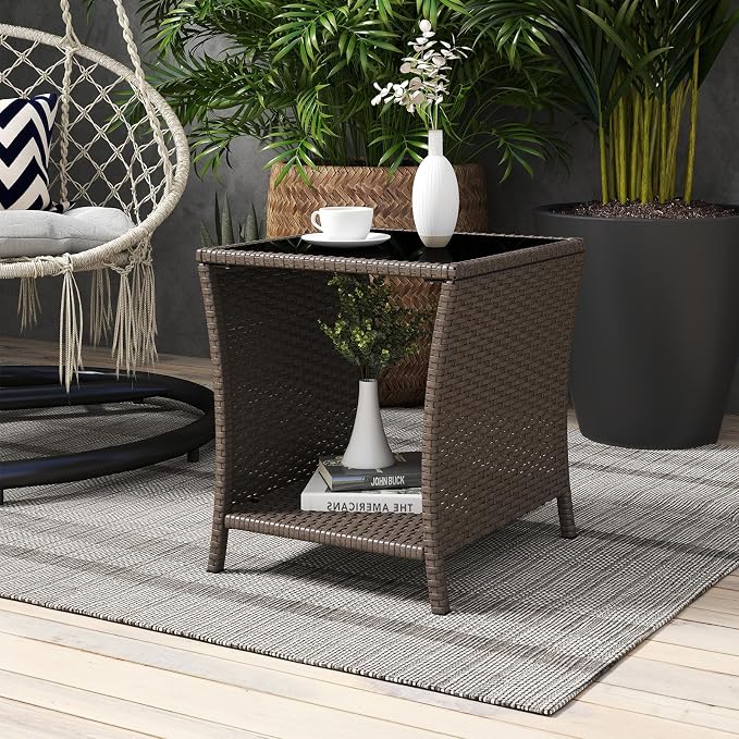 Kinfant Rattan Patio Side Table - Modern Wicker End Table, PE Rattan Coffee Table with Glass Top, Weather-Resistant Patio Furniture for Patio, Balcony, Garden, and Poolside (1, Sesame)