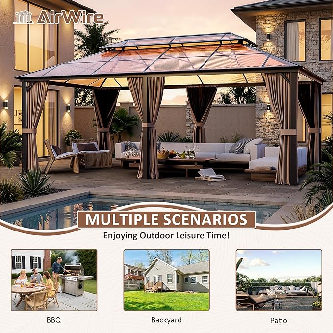 AirWire 12'x20' Hardtop Gazebo, Outdoor Polycarbonate Roof Canopy, Aluminum Frame Permanent Pavilion with Curtains and Netting, Sunshade for Garden, Patio, Lawns
