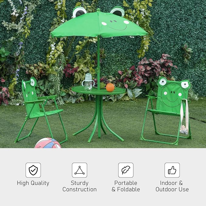 Outsunny Folding Kids Table and Chair Set, Picnic Table with Frog Pattern Removable & Height Adjustable Sun Umbrella for Garden, Backyard, Green