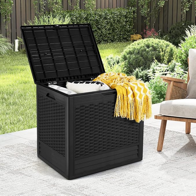 Giantex 25 Gallon Outdoor Storage Box, PP Deck Container with Rattan Patterns & Lockable Lid, All-Weather Patio Plastic Storage Bin for Package Delivery, Garden Tools, Patio Cushions (Black)
