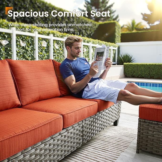 Patio Furniture Set, 7 Pieces Outdoor Wicker Rattan Sofa Couch with 4 Chairs, Ottomans and Comfy Cushions, All Weather High Back Conversation Set Garden Backyard, Brown Rattan Red Cushions