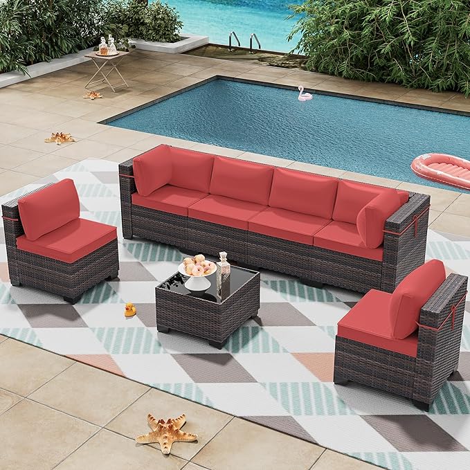 7 Pieces Outdoor Patio Furniture Set,Outdoor Sectional Furniture All Weather PE Rattan Wicker Patio Conversation Set with Coffee Table and 6 Thickened Cushions,Red