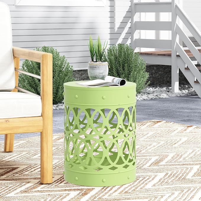 Outdoor Round Metal End Table Cut Out Design, Metal Round Patio Table Garden Stool Side Tables for Indoor Outdoor (Green)
