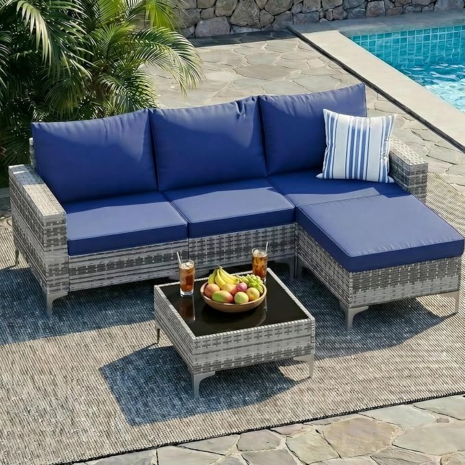 Vikiullf Wicker Patio Furniture Set, 5 Pieces Outdoor Conversation Set, Patio Sectional Sofa with 4" Thick Cushions, for Poolside Backyard Garden