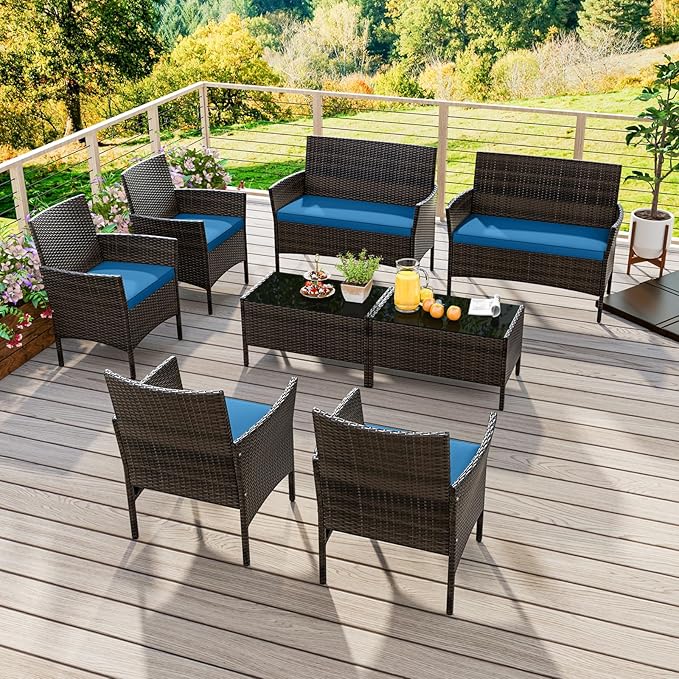 HAPPYGRILL 8 Pieces Outdoor Rattan Conversation Set, Patio Wicker Furniture Set with Loveseat Chairs & Tempered Glass Coffee Table, Outside Sectional Sofa Set for Backyard Garden Poolside, Blue