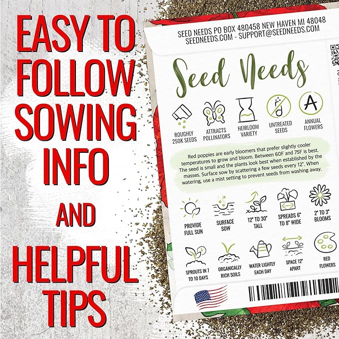 Seed Needs Corn Poppy Seeds for Planting Wildflower Seeds | 1.5 Ounce Papaver Rhoeas Annual Flower Seed Red Blooms | Produces Red Prolific Blooms an American Summer Favorite | Bulk