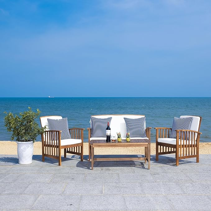SAFAVIEH Outdoor Collection Rocklin Natural/ Beige Cushions/ Thin Stripe Pillows 4-Piece Conversation Patio Set
