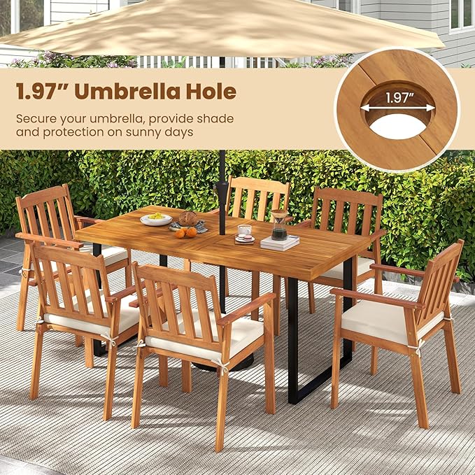 Tangkula 3 Pieces Patio Dining Table Set, 63” Rectangle Acacia Wood Table with Umbrella Hole and 2 Backless Bench with Metal Frame, Outdoor Dinette Furniture for Garden Yard