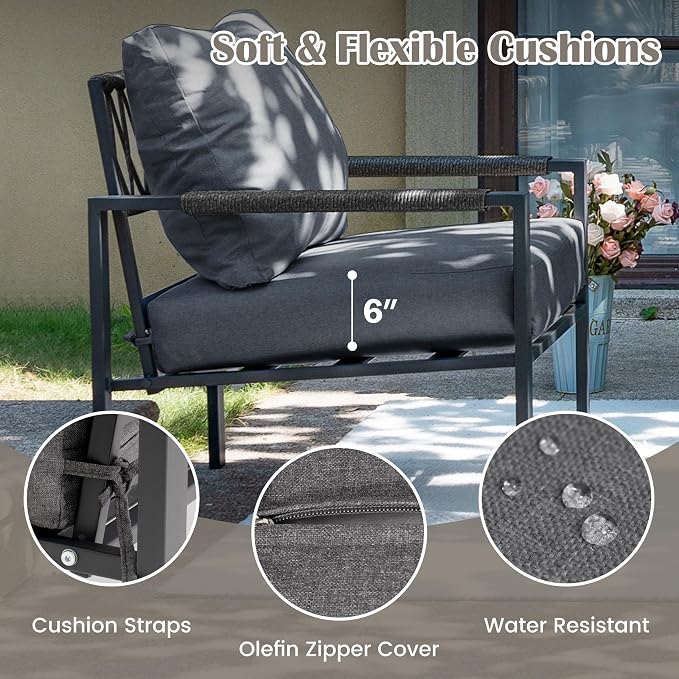 6 Pieces Rattan Outdoor Furniture Set, All-Weather Patio Conversation Set with Dark Grey Cushions, Coffee Tables and 28" Fire Pit Table