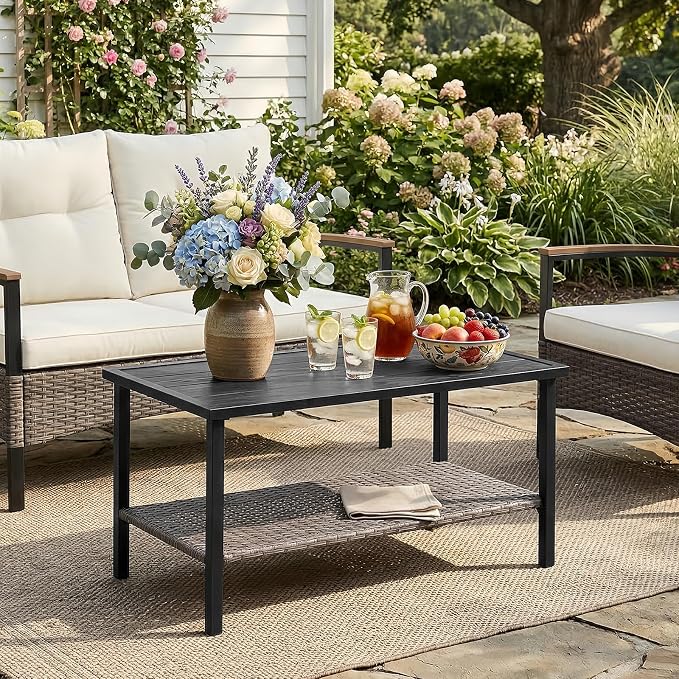 Sunset Escape Wicker Coffee Table, Rattan Rectangle Tea Table with Wood Grain Tabletop and 2-Tier Storage for Patio, Balcony and Garden, Black/Brown
