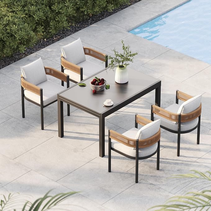 Grand patio 9-Piece Expandable Table Dining Set for 6 to 10, Aluminum Outdoor Dining Table with Glass Tabletop, Metal Woven Wicker Fixed Patio Chairs with Cushions for Yard, Poolside, Deck (Natural)