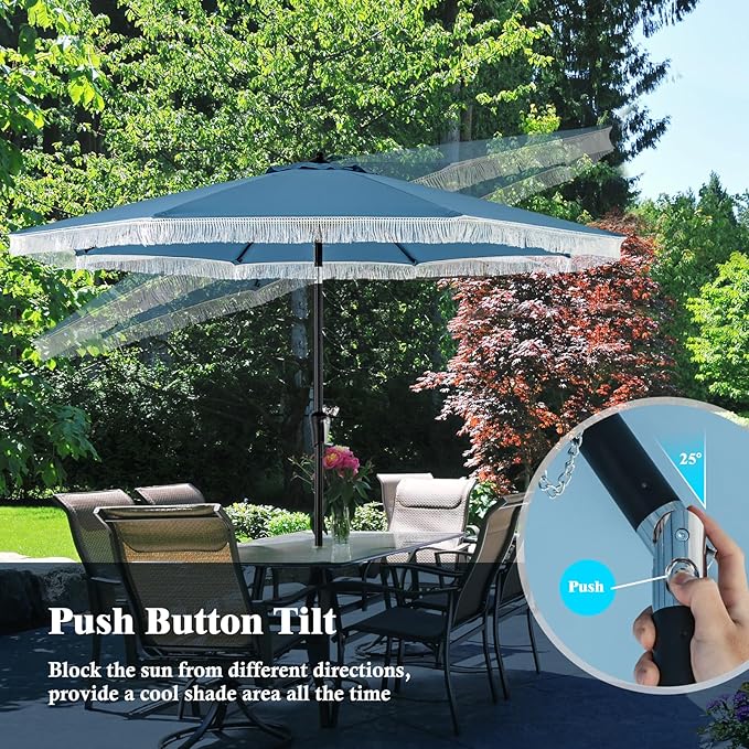 Tangkula 9Ft Patio Umbrella with Fringe, 2-Tier Outdoor Boho Umbrella with Tassels, Crank Handle, Push Button Tilt, Sun-Protective Canopy, 8 Ribs for Deck Backyard Poolside