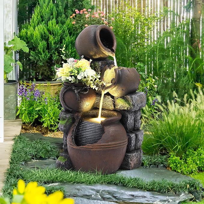 Outdoor Cascading Rock Water Fountain, 4-Tiers Fountains and Waterfalls with LED Lights, Indoor Freestanding Resin Waterfall Feature w/Pump for Patio, Garden, Backyard, Deck, Porch, Home Decor
