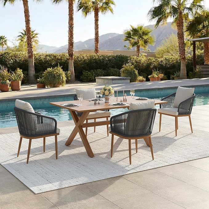 5-Piece Patio Dining Table Sets, Woven Wicker Dining Set with Rectangular Aluminum Table and Dining Chairs Modern Outdoor Dining Furniture Set for Outdoors and Indoors