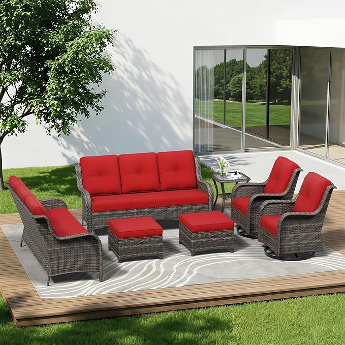7 Piece Outdoor Wicker Patio Furniture Set, Outdoor Swivel Rocker Patio Chairs Set with Thickened Olefin Cushions, High Back and Deep Seating, Hand-Woven PE Rattan for Porch, Deck