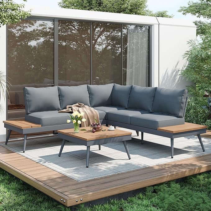 Christopher Knight Home Lofye Outdoor Aluminum Sectional Sofa Set with Coffee Table, Modular Patio Conversation Set, 5-Seater Seating Group Chat Set for Porch Backyard Balcony, 94.5‘’, Natural + Gray