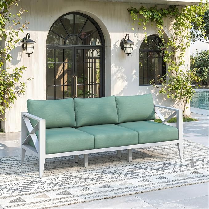 Aluminum Outdoor Patio Furniture Set, 3 Seats Outdoor Sectional with 5.2" Thick Cushions, Patio Conversation Sets for Backyard,(White,3 Seats)
