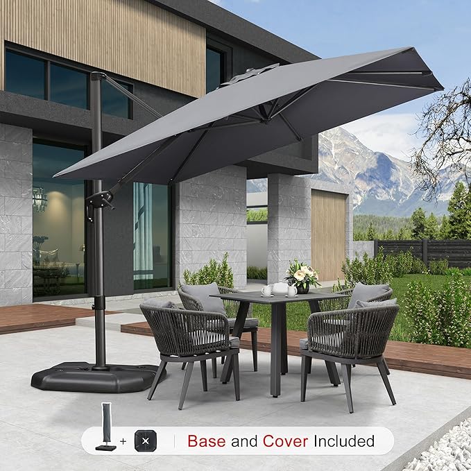 PURPLE LEAF 9'×9' Patio Umbrella with Base Outdoor Cantilever Umbrella with Cover Aluminum Square Offset Umbrella with 360-degree Rotation for Deck Pool Garden Light Grey