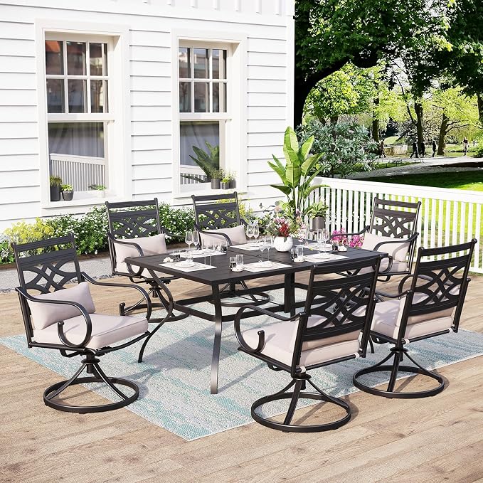 MFSTUDIO 7-Piece Patio Dining Set, 60" Metal Table, Swivel Chairs, Seats 6 | Umbrella Hole