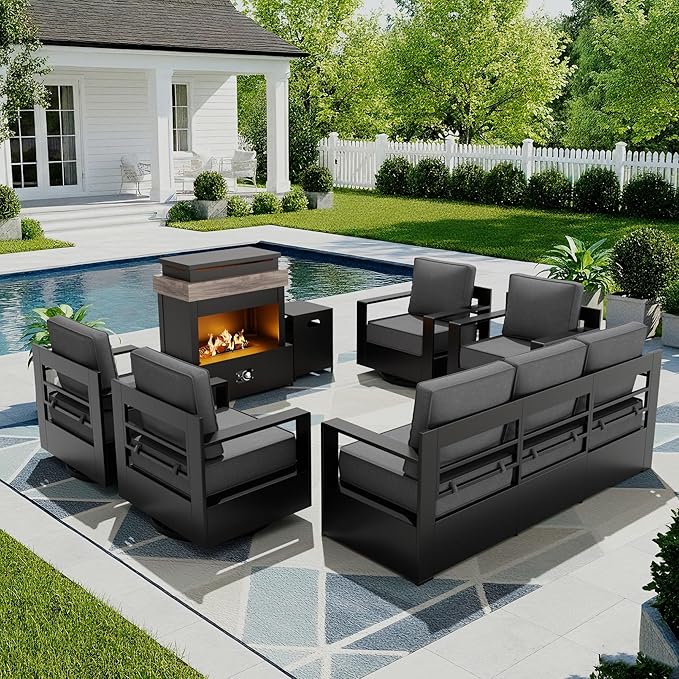 Outdoor Patio Furniture Set, 6-Piece Aluminum Patio Conversation Set All-Weather Metal Outdoor Sectional with 6 Inch Thick Cushions, Deep Setting and Fireplace for Garden, Outside and Porch, Grey
