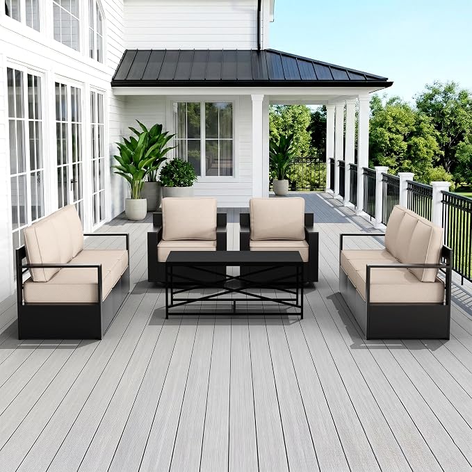 Outdoor Patio Furniture Set, 5-Piece Aluminum Patio Conversation Set All-Weather Metal Outdoor Sectional with 6 Inch Thick Cushions, Deep Setting for Garden, Outside and Porch, Beige
