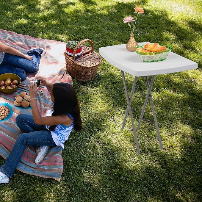 Outvita Folding Table, Indoor Outdoor Dinner Table with X Legs and Hard Plastics Tabletop 13" to 28" Adjustable Height White