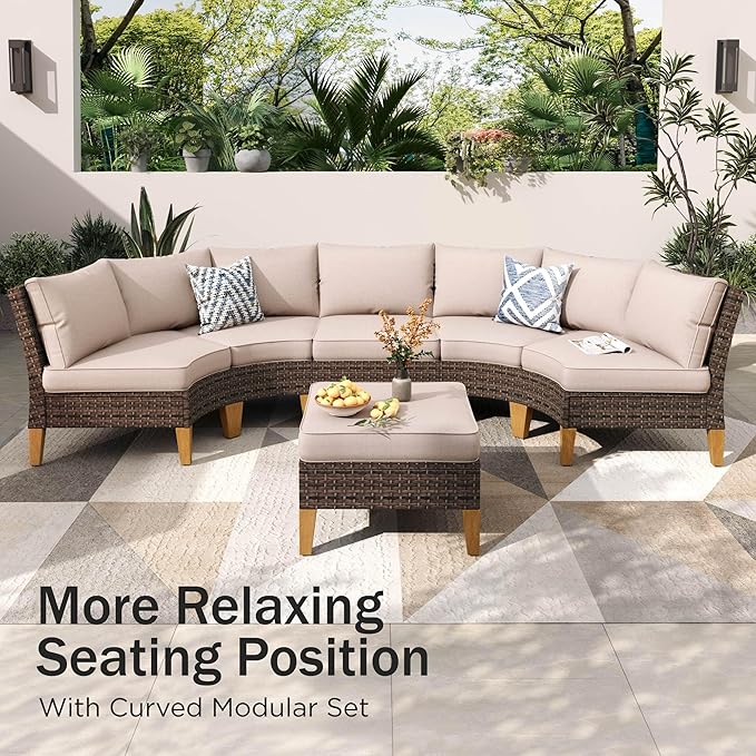 PHI VILLA 11-Piece Outdoor Sectional Patio Conversation Set, Half-Moon Curved Wicker Furniture Set for 11 Seats with Cushioned 2 x Fan-Sofa, 4 x Armrest Sofa, 3 x Armless Chair and 2 x Ottoman, Beige