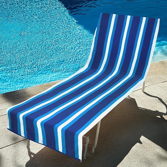 COTTON CRAFT Pool Lounge Chair Cover - 2 Pack - Soft Absorbent 100% Cotton Stripe Dobby Terry Towel Chaise Lounge Beach Chair Cover - Oversized 32 W x 82 Length x 7 inch Pocket – Blue