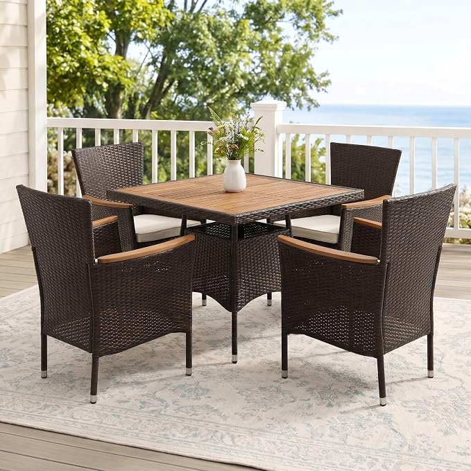 Wisteria Lane Patio Outdoor Table and Chairs Set, Rattan Outdoor Patio Furniture Set with Removable Cushions, Outdoor Patio Dining Sets with Acacia Wood Tabletop for Garden Backyard Deck, Brown