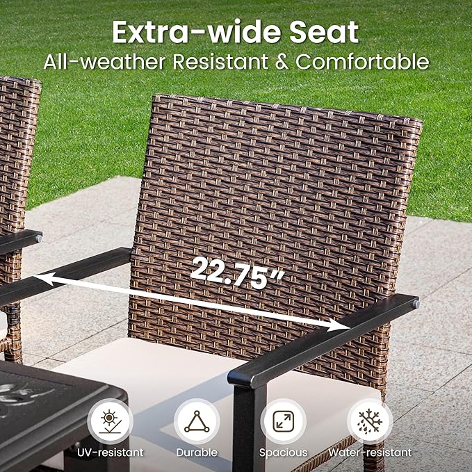 PHI VILLA 5 Pieces Outdoor Dining Set with Umbrella for 4, 37" Square Metal Dining Table & 4 Cushioned Wicker Rattan Chairs with 10ft Red Umbrella for Patio, Deck, Yard, Porch