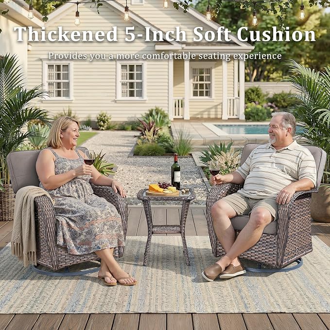 7-Piece Wicker Patio Furniture Set with 5-Inch Thick Cushions Weather Resistant Rattan High Back Swivel Rocker Chairs Senior Friendly Conversation Set for Small Porch Deck Sunroom Brown/Grey