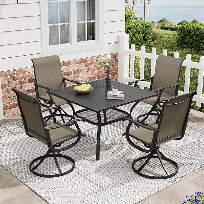 5 Pieces Patio Furniture Dining Set, 4 Textilene Swivel Dining Chairs, 38" Outdoor Square Metal Table with Storage Shelf and 1.57" Umbrella Hole, Outdoor Dining Set for Porch, Lawn, Black/Brown