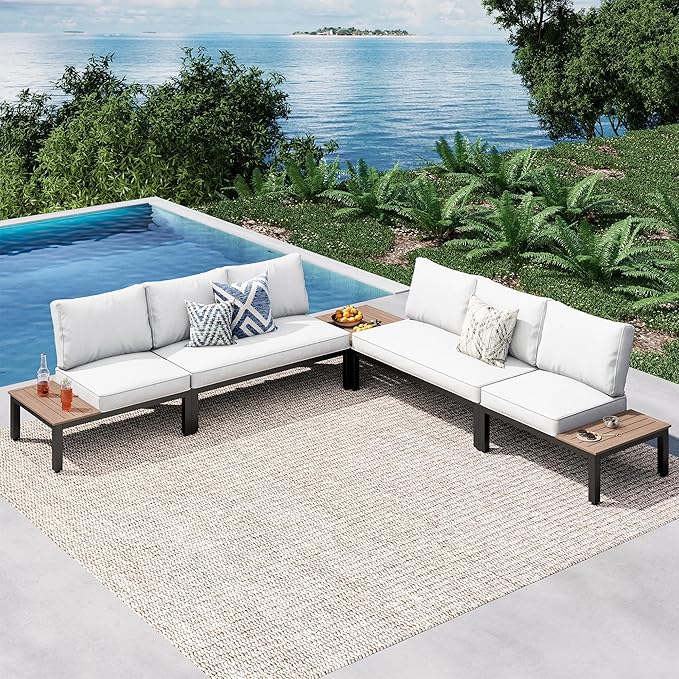 PHI VILLA Outdoor Sectional Furniture Set,5 Pieces Metal Patio Sectional Outdoor Couch Set,Modern Patio Conversation Sets with Coffee Table,Thickened Cushion,for Poolside and Backyard,Light Grey