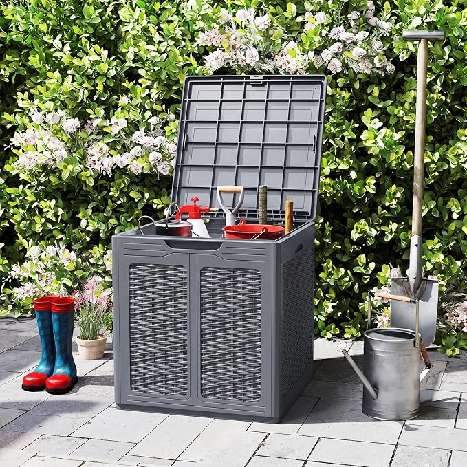 Giantex 39 Gallon Outdoor Storage Box, PP Deck Container with Rattan Patterns & Lockable Lid, Patio Plastic Storage Bin for Package Delivery, Garden Tools, Patio Cushions