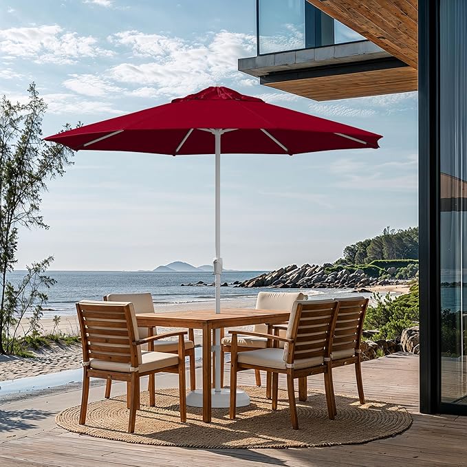 California Umbrella 10-Year Protection 9 Ft Outdoor Patio Umbrella, Pacifica Fade-Resistant Fabric, Auto-Tilt, Heavy Duty Aluminum Frame, 8 Reinforced Ribs for Pool or Deck, White Pole, Red
