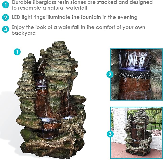 Sunnydaze Flat Rock Summit 61-Inch Outdoor Water Fountain - LED Lights - Electric Submersible Pump - Polyresin Material Brown