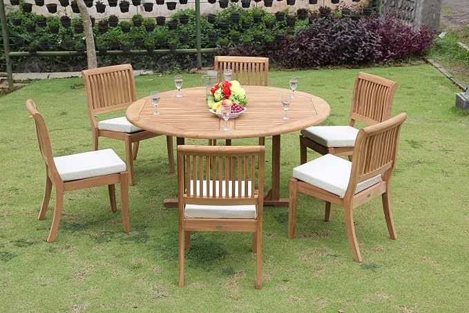 6 Seater Grade-A Teak Wood 7 Pc Dining Set 60" Round Dining Table & 6 Arbor Stacking Armless Chairs #TSDSAB56