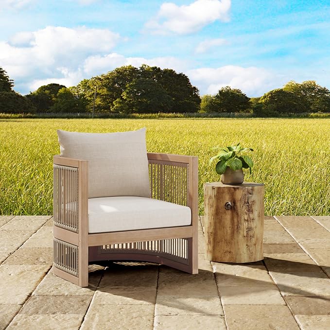 Christopher Knight Home 4-Piece Acacia Wood Patio Furniture Set, Mid-Century Modern Outdoor Conversation Set with Loveseat, Curved Club Chairs, Cushions & MgO Fire Pit for Backyard, Light Teak+White