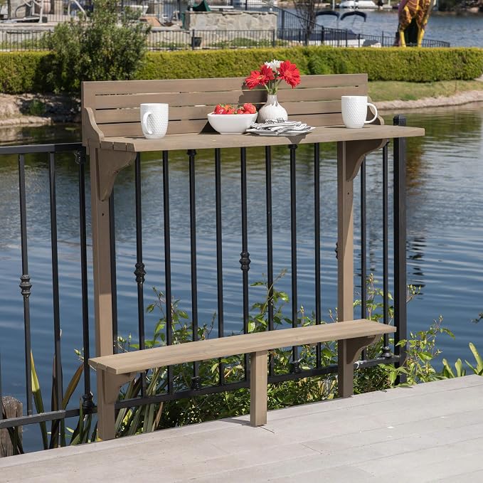Merax Outdoor Balcony Bar Table, Wall Mounted Folding Patio Bar Table with Acacia Wood Top, Space Saving Table for Balcony Railing, Small Spaces, Gray