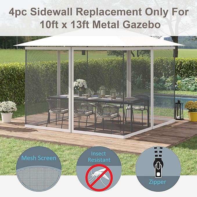 Outsunny 10' x 13' Universal Replacement Mesh Sidewall Netting for Patio Gazebos and Canopy Tents with Zippers, Sidewall Only, White