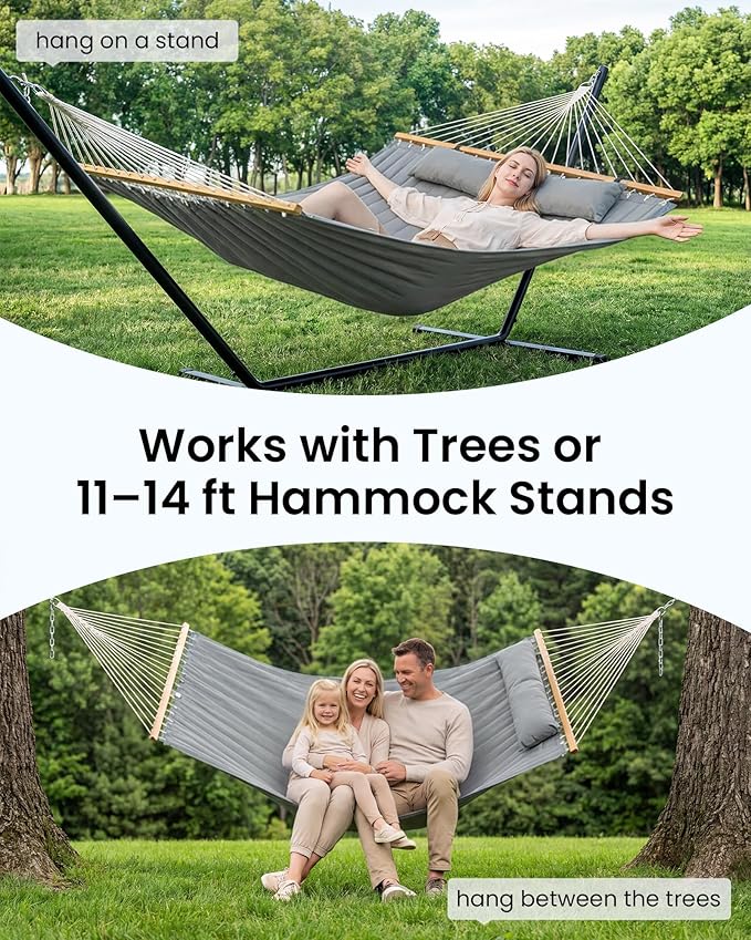 Double Hammock with Spreader Bar & Pillow, 2-Person Portable Hammock, 500lbs Capacity for Outdoor Camping, Patio, Backyard, Garden, Beach & Travel Relaxation – Gray