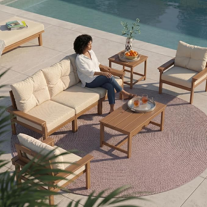 HDPE Outdoor Patio Furniture Set, 7-Piece Patio Conversation Sets with Coffee Table & Side Table & Beige Washable Thick Cushions, Outdoor Sofa for Balcony, Porch, Poolside (Teak Frame)